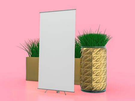 Roll up banner stand. Mockup on pink background. 3D rendering.の写真素材