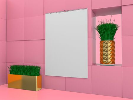 Stock blank paper cover Wall calendar. Mockup on pink background. 3D illustration.の写真素材