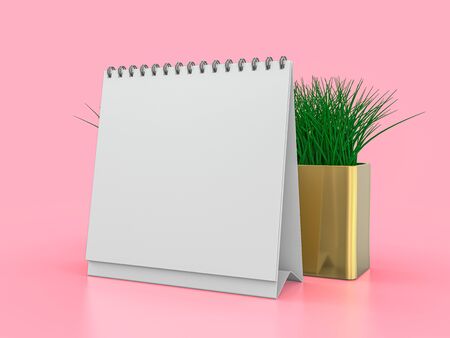 Desk blank calendar mockup on pink background. 3D renderingの写真素材