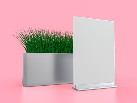 Blank paper Table Tent. Mockup on pink background. 3D rendering.の写真素材