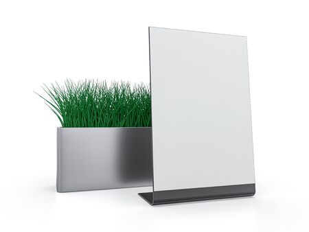 Blank paper Table Tent. Mockup on white background. 3D rendering.の写真素材