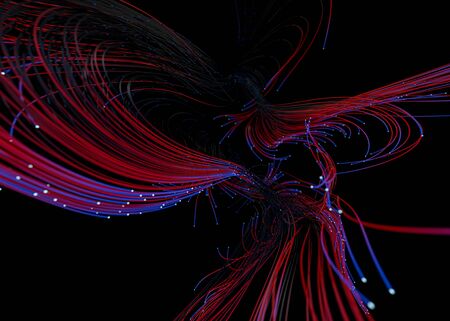 Data technology abstract futuristic illustration. Red and blue lines on dark background. 3D...