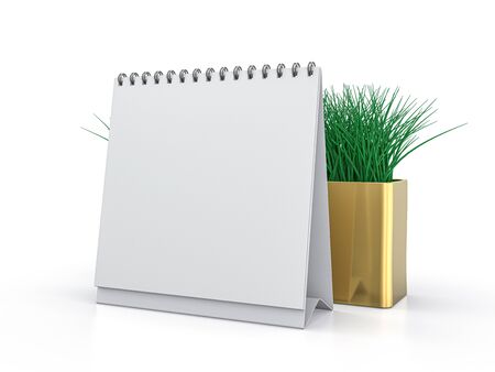 Desk blank calendar mockup on white background. 3D renderingの写真素材