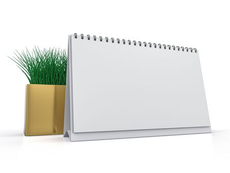 Desk blank calendar mockup on white background. 3D renderingの写真素材