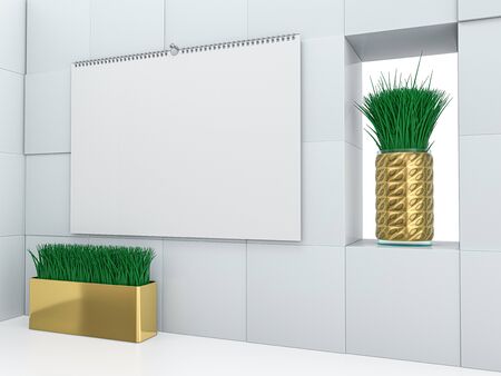Stock blank paper cover Wall calendar. Mockup on white background. 3D illustration.の写真素材