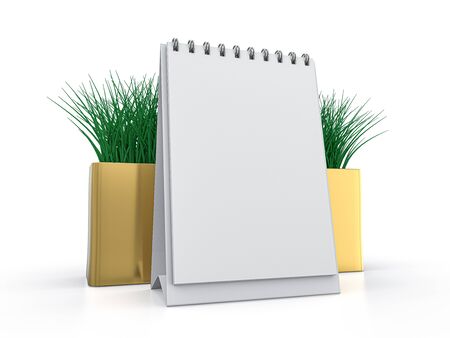 Desk blank calendar mockup on white background. 3D renderingの写真素材