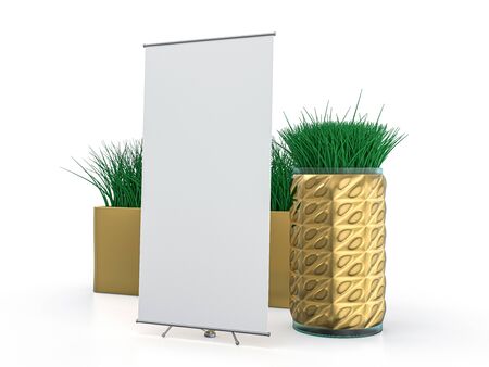 Roll up banner stand. Mockup on white background. 3D rendering.の写真素材
