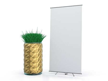 Roll up banner stand. Mockup on white background. 3D rendering.の写真素材