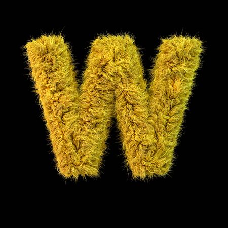 Capital letter W. Uppercase. Yellow fluffy font on black background. 3D renderingの写真素材