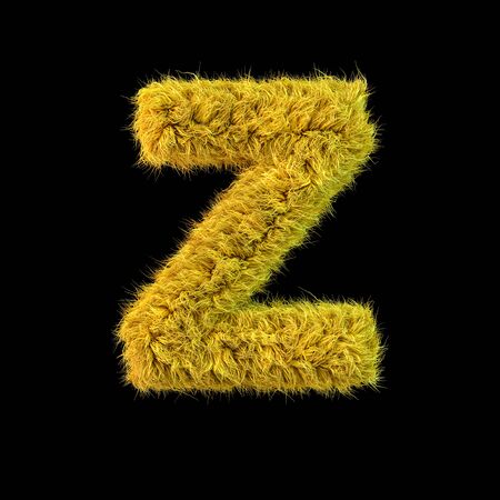 Capital letter Z. Uppercase. Yellow fluffy font on black background. 3D renderingの写真素材