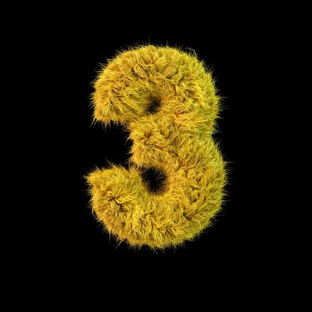 Number 3. Digital sign. Yellow fluffy font on black background. 3D renderingの写真素材
