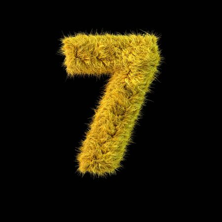Number 7. Digital sign. Yellow fluffy font on black background. 3D renderingの写真素材