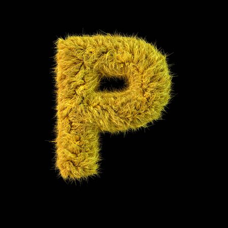 Capital letter P. Uppercase. Yellow fluffy font on black background. 3D renderingの写真素材