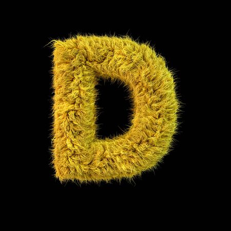 Capital letter D. Uppercase. Yellow fluffy font on black background. 3D renderingの写真素材