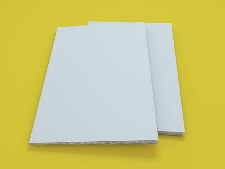 Blank photorealistic brochure mockup on yellow background. 3D renderingの写真素材