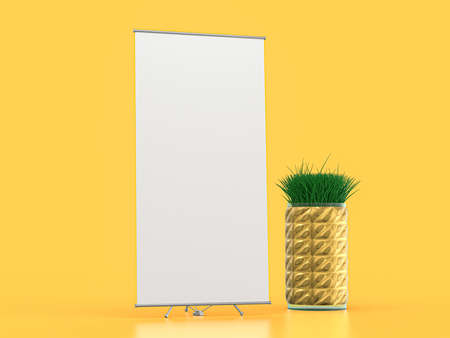 Roll up banner stand. Mockup on yellow background. 3D rendering.の写真素材