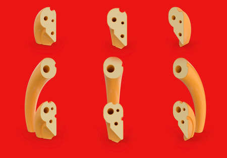 Dot and comma symbol. Cheese alphabet and font. Set of three view points on red. 3D rendering