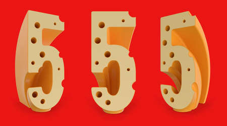 Number 5. Digital sign. Cheese alphabet and font. Set of three view points on red. 3D renderingの写真素材