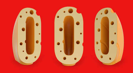 Capital letter O. Uppercase. Cheese alphabet and font. Set of three view points on red. 3D renderingの写真素材