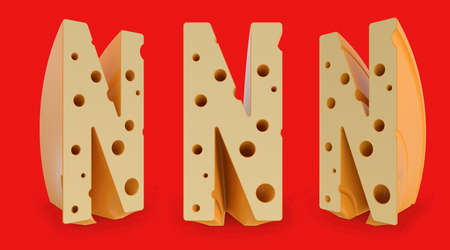 Capital letter N. Uppercase. Cheese alphabet and font. Set of three view points on red. 3D renderingの写真素材