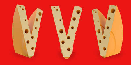 Capital letter V. Uppercase. Cheese alphabet and font. Set of three view points on red. 3D renderingの写真素材