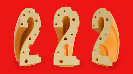 Number 2. Digital sign. Cheese alphabet and font. Set of three view points on red. 3D renderingの写真素材