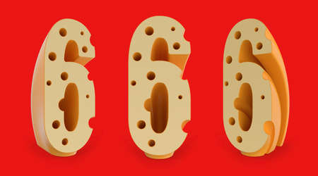 Number 6. Digital sign. Cheese alphabet and font. Set of three view points on red. 3D renderingの写真素材