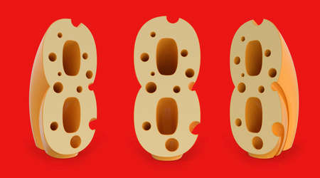 Number 8. Digital sign. Cheese alphabet and font. Set of three view points on red. 3D renderingの写真素材