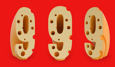Number 9. Digital sign. Cheese alphabet and font. Set of three view points on red. 3D renderingの写真素材