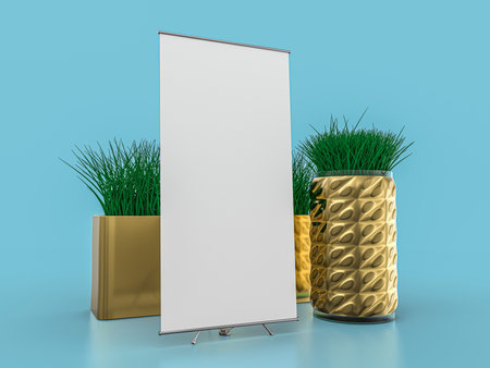 Roll up banner stand. Mockup on blue background. 3D rendering.の写真素材