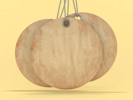 Brown label or price tag on yellow background. 3Dの写真素材