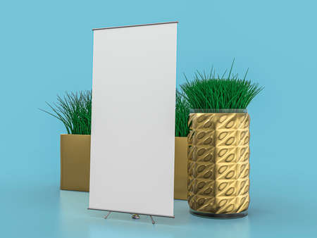 Roll up banner stand. Mockup on blue background. 3D illustration.の写真素材