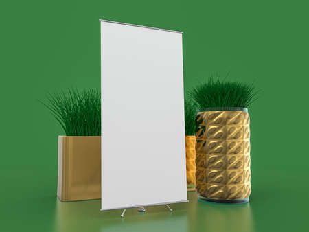 Roll up banner stand. Mockup on green background. 3D illustration.の写真素材