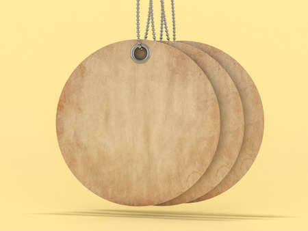 Brown label or price tag on yellow background. 3Dの写真素材