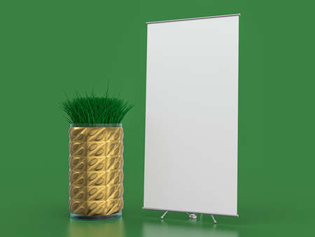 Roll up banner stand. Mockup on green background. 3D illustration.の写真素材