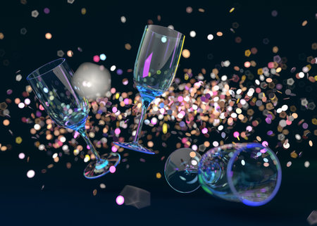 Empty glasses on blurred background. 3D illustrationの写真素材