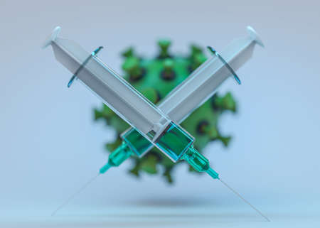 Concept of a vaccine in syringes that stops the virus. 3D illustrationの写真素材