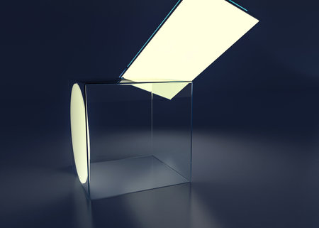Acrylic box abstract with lamp. Shadow and reflection. 3D illustrationの写真素材