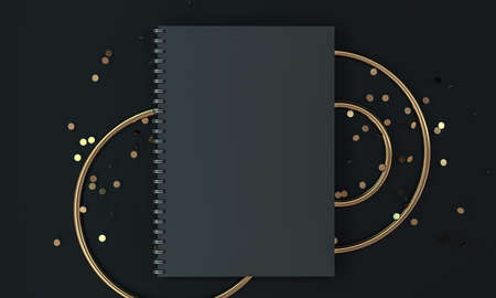 Blank spiral black notebook on background. Template for your design. 3D