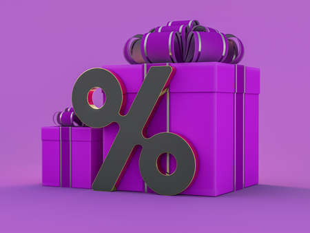 Gift box in purple paper isolated at violet background. 3Dの写真素材