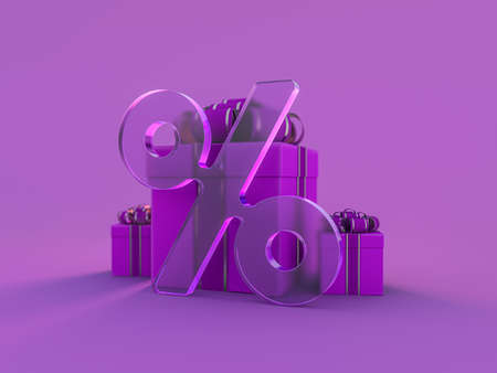 Gift box in purple paper isolated at violet background. 3Dの写真素材