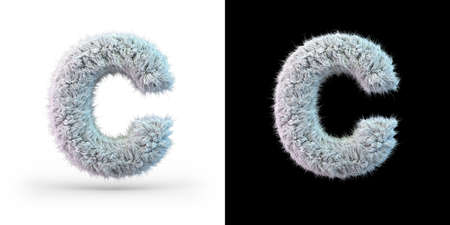 Capital letter C. Uppercase. White fluffy font on black and white background. 3Dの写真素材