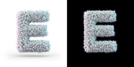 Capital letter E. Uppercase. White fluffy font on black and white background. 3Dの写真素材