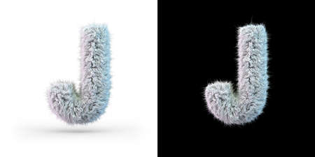 Capital letter J. Uppercase. White fluffy font on black and white background. 3Dの写真素材