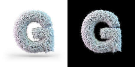 Capital letter G. Uppercase. White fluffy font on black and white background. 3Dの写真素材