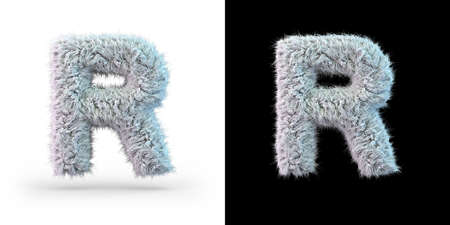 Capital letter R. Uppercase. White fluffy font on black and white background. 3Dの写真素材