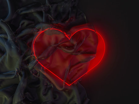 Red glowing heart covered with transparent fabric, symbol of love. 3Dの写真素材
