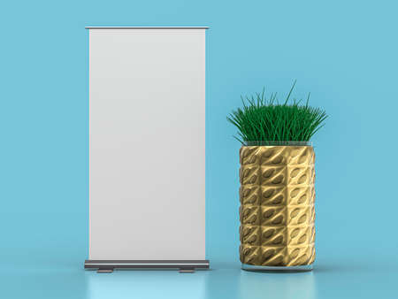 Roll up banner stand. Mockup on blue background. 3D illustration.の写真素材