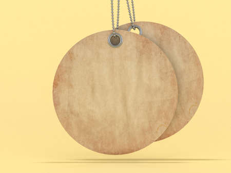 Brown label or price tag on yellow background. 3Dの写真素材