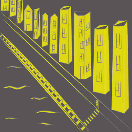 colorful night city on the embankment and a bridge with a road, use for baby book, baby clothes, posters, prints, vector illustrationのイラスト素材